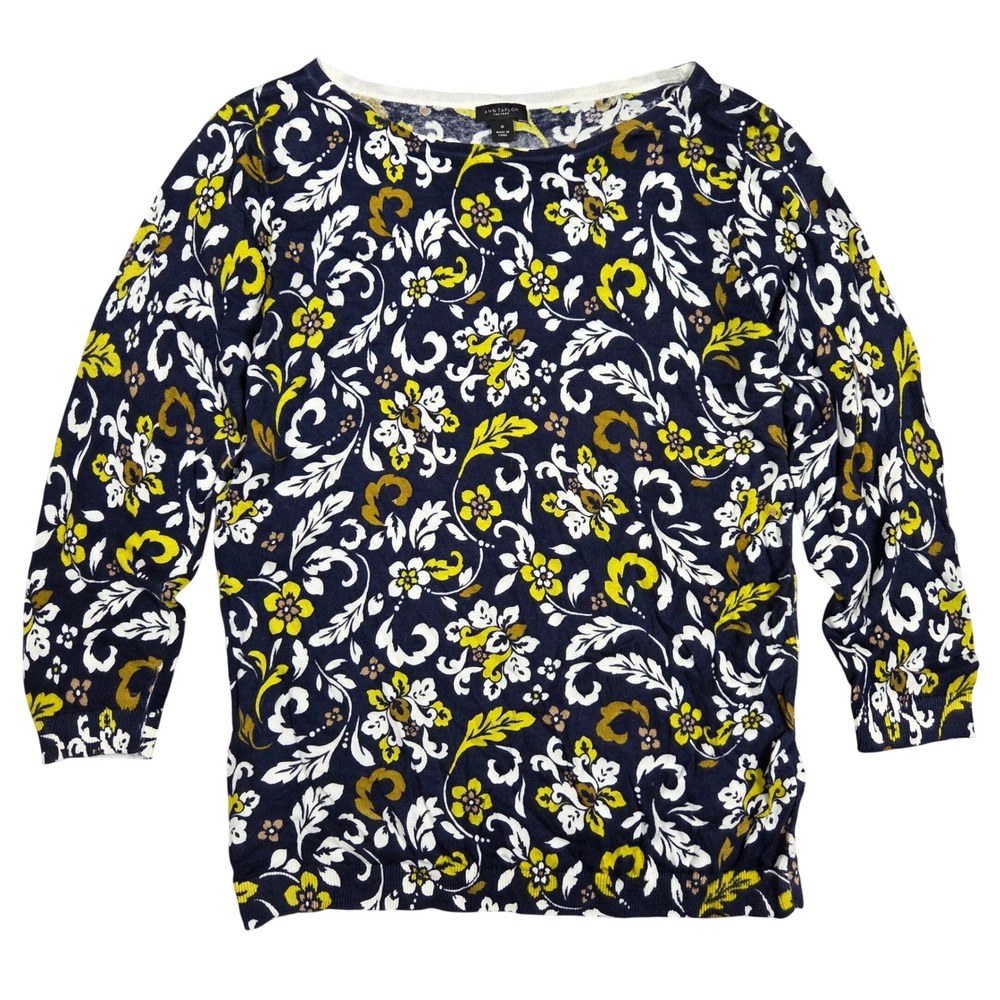 Ann Taylor Factory Womens M Navy Blue Yellow Floral 3/4 Sleeve Cotton Sweater